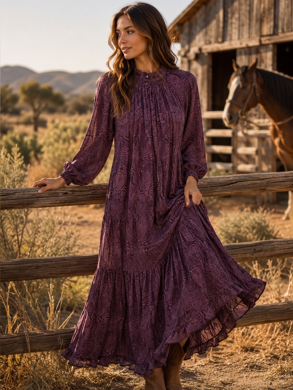 LIKE NEW Long Sleeve Paisley Maxi Boho Dress